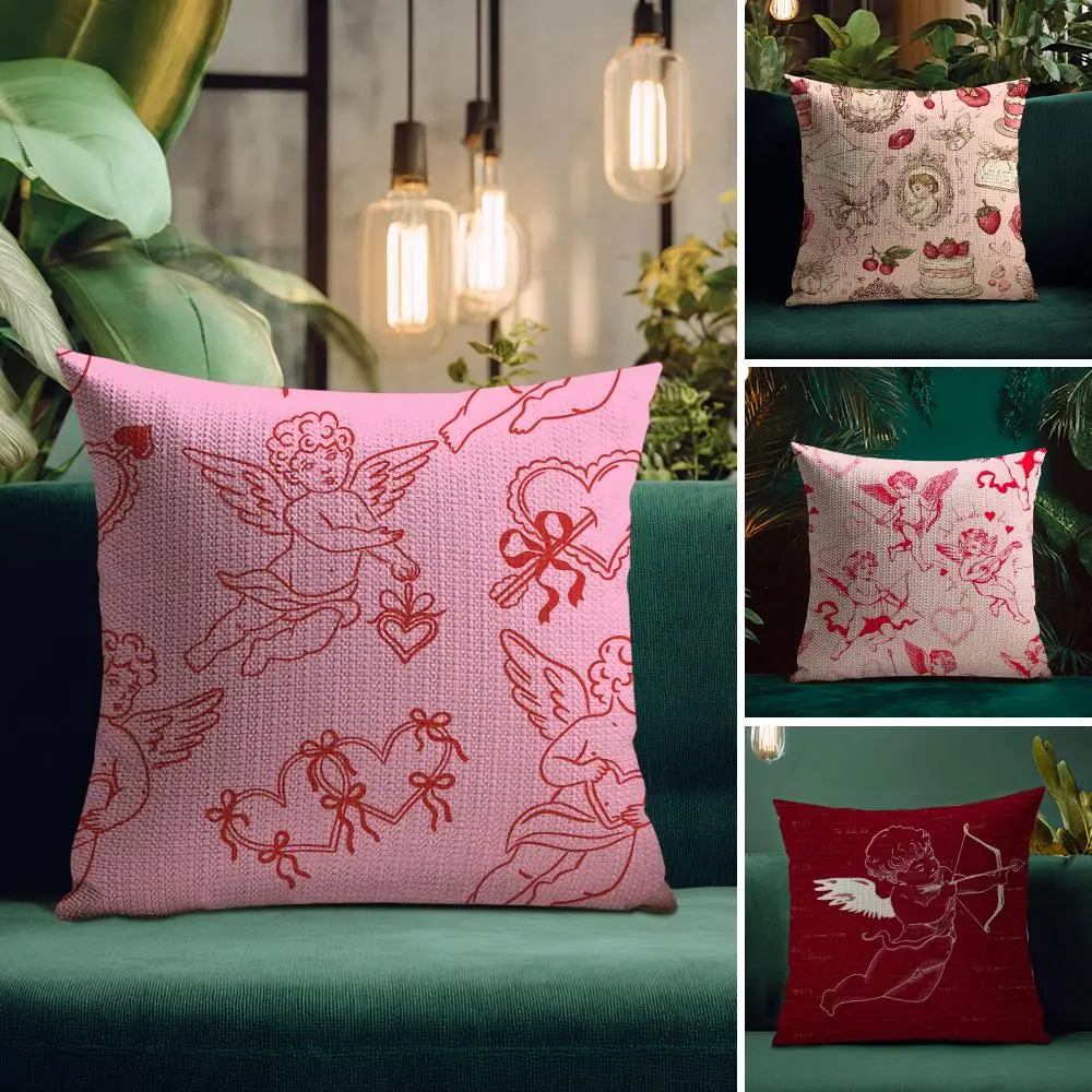 Cupid Seamless Pattern Cushion Cover Natural Linen Organic Fabric Double-Sided Printing Breathable Perfect Gift For Decor