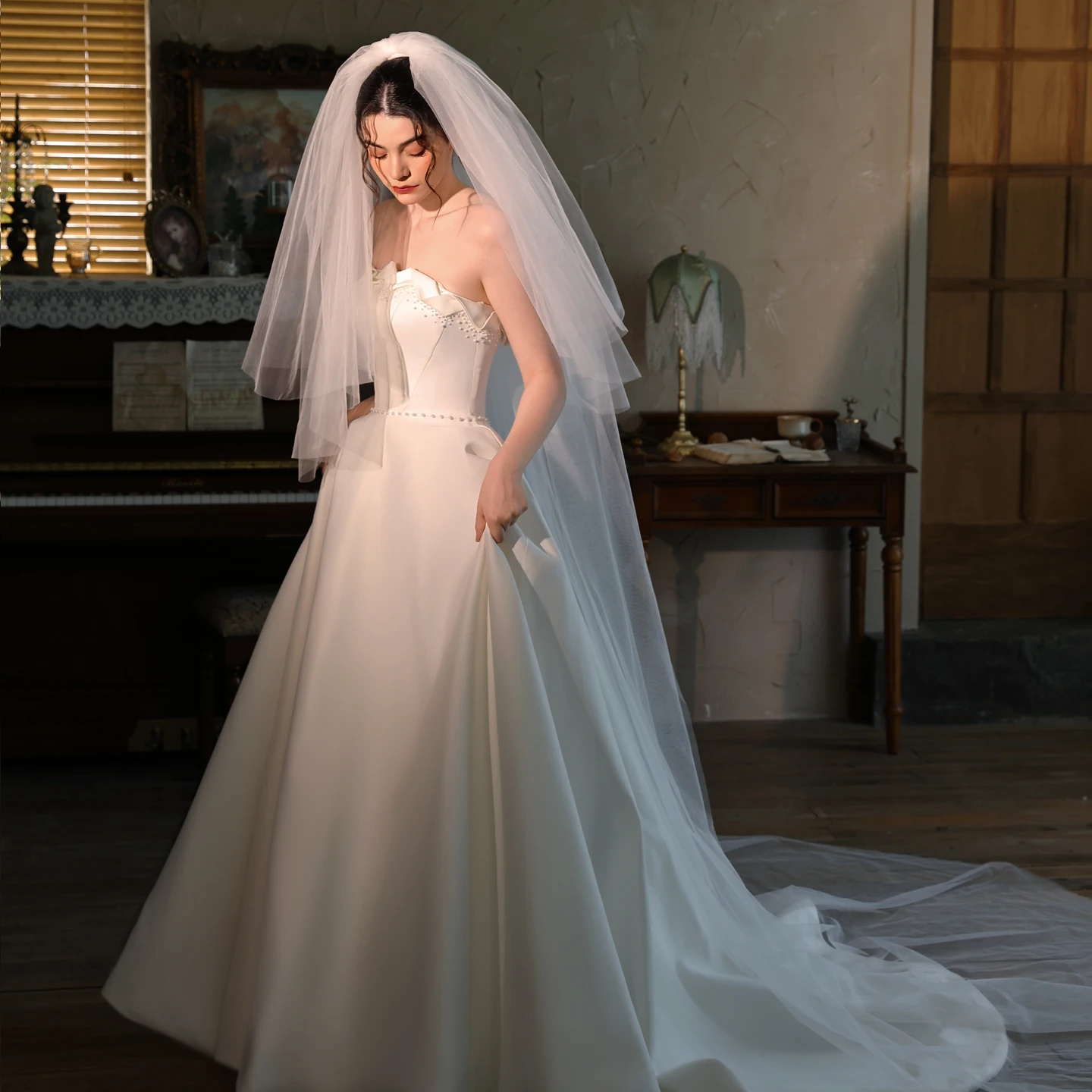 V537 Simple Vintage Three-Layer Puffy Bridal Veil Wedding Photography Outdoor Ceremony Face Covering Headwear for Brides