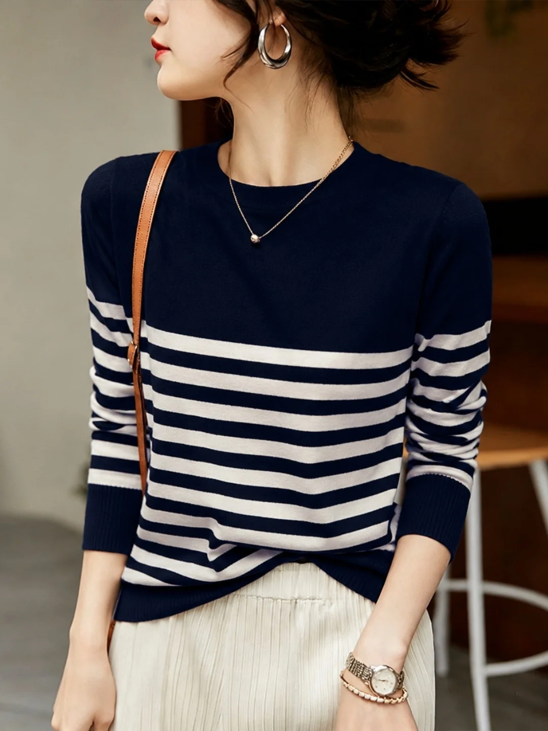 Fashionable Striped Knitwear Long Sleeve Commute Style Versatile Color Block Women's Soft Straight Cut Autumn New Arrival Top