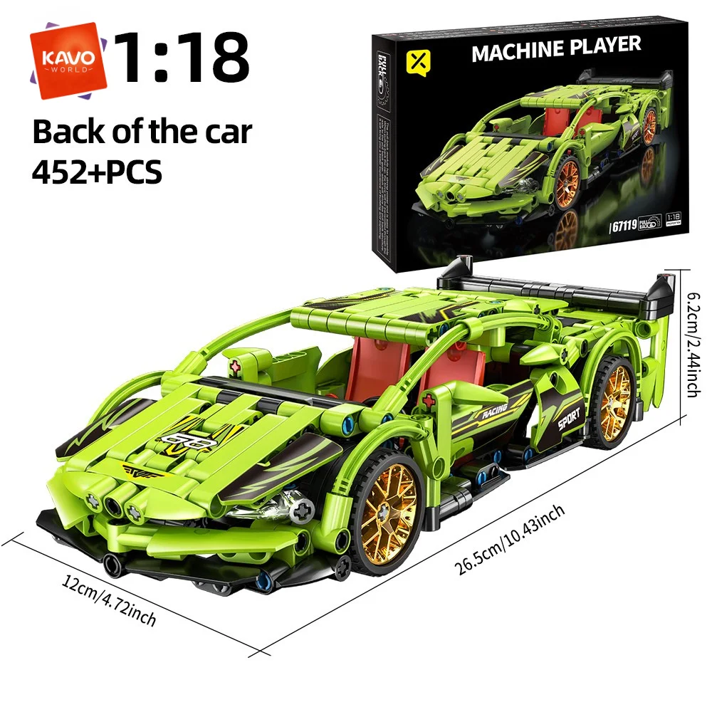 

Конструктор KAVOWORLD 1:18, спортивный автомобиль с функцией отката, 452 детали, STEM-игрушка, гоночная машина с открывающимися дверями для детей, мальчиков, подарки на день рождения и Рождество