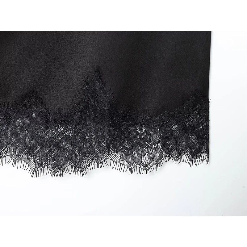 Sexy feminino renda guarnição preto cetim saia amarrando mid-rise fenda hem assimétrico midi saia faldas mujer