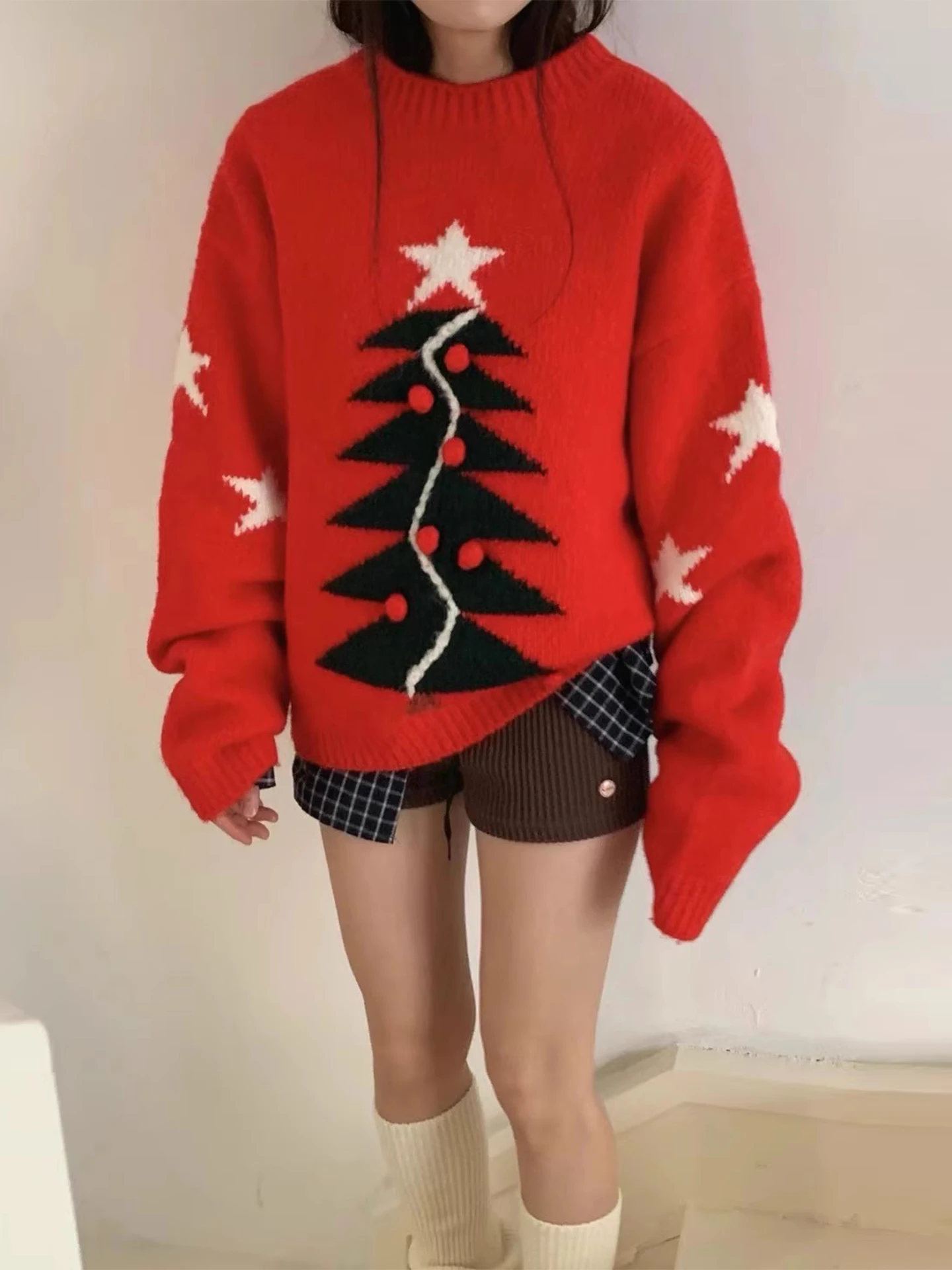 

Retro Cisas Tree Pattern Knitted Sweater Women's Loose Fit Overhead Casual Warm Winter Faion Comfortable All-Match Top