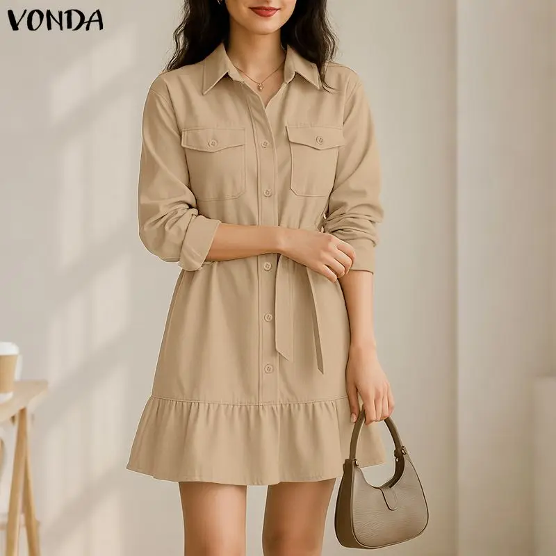 VONDA женские элегантные мини-платья осенние пояса и пуговицы с рюшами вечерние платья 2025 модный однотонный повседневный сарафан с длинными рукавами