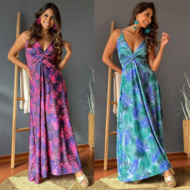 

2025New Summer Fashion Women's New Style CamisolevElegant Floral Print CollarALong Dress
