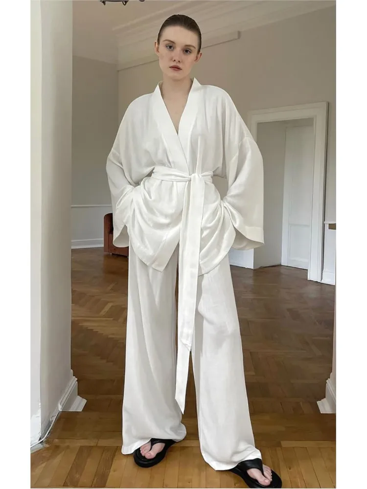 

2025 New Spring Long Sleeve Belt Cardigan And Wide Leg Pant Sets Women Suit Loose Homewear Women Suit White 100% Cotton Pajamas
