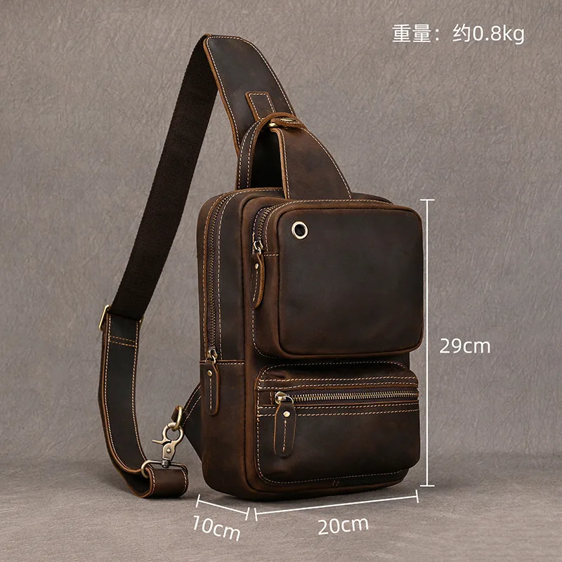 Crazy Horse Leather Breast Bag Large Capacity Men's Casual Crossbody Cowhide One Shoulder Can Hold iPad