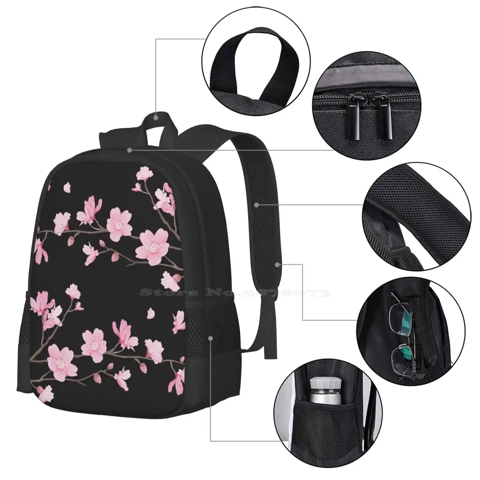 Cherry Blossom Flower Plant - Black Fashion Pattern Design Travel Laptop School Backpack Bag Cherry Blossom Tree Japanese Cherry