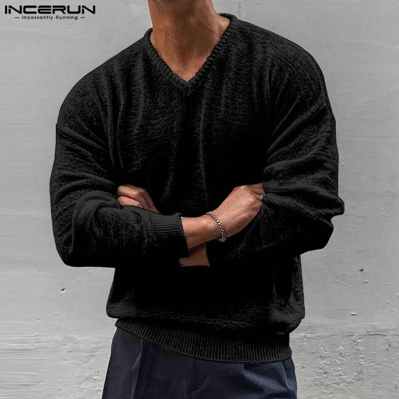 INCERUN Tops 2024 Korean Style Men\'s Fashion V-neck Loose Thin T-shirt Casual Simple Texture Knitted Long Sleeved Camiseta S-5XL