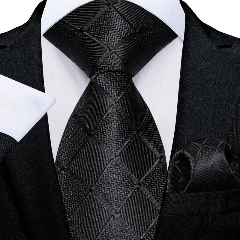 VerveRow Men Black Rhombus Necktie & Pocket Square Set, Luxury Geometric Pattern Tie for Formal Suit Wedding Business