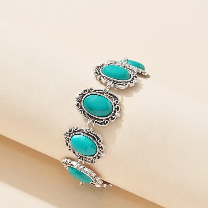 3 pcs Vintage Bohemian style turquoise necklace bracelet earrings three piece set jewelry gift 2024