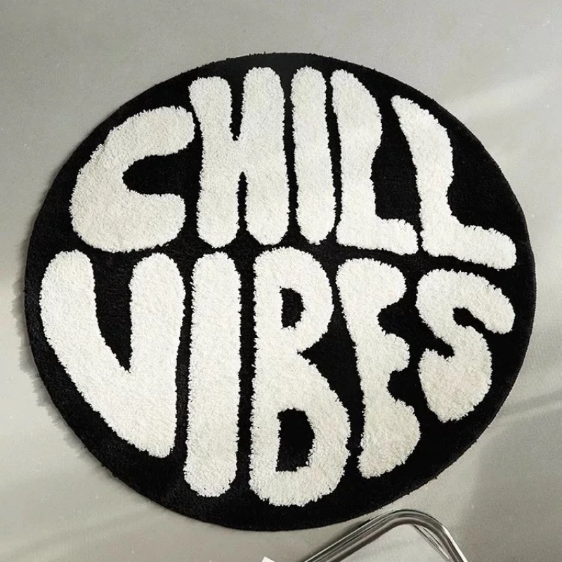 Black White Letter Bedroom Decor Round Carpet Floor Mat Modern Style Carpets for Living Room Ins Style Retro Bedside Mat Rug
