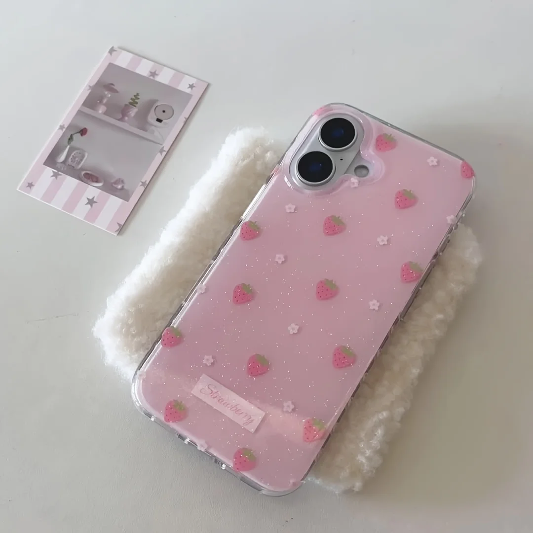 Funda de teléfono INS Cartoon Straberry para iPhone 17 16e 16 15 14 13 12 11 Pro Max X Xs XR XSMax 8 7 6 6s Air Plus textura de plumas