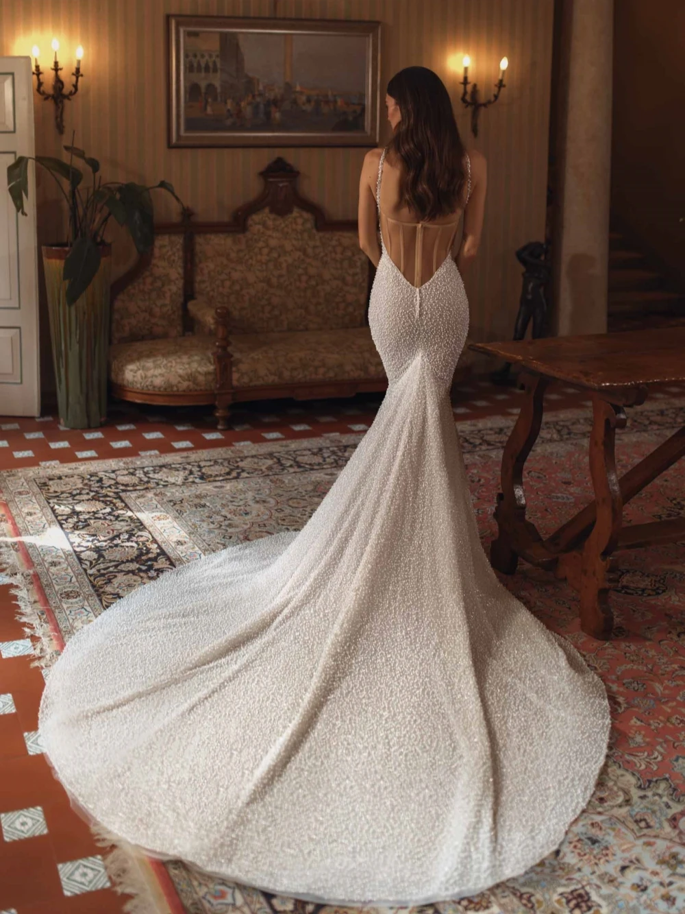 Sexy ärmellose rücken freie Hochzeits kleid funkelnde Pailletten Perlen Braut Robe elegante Meerjungfrau lange Brautkleid Robe de Mariée