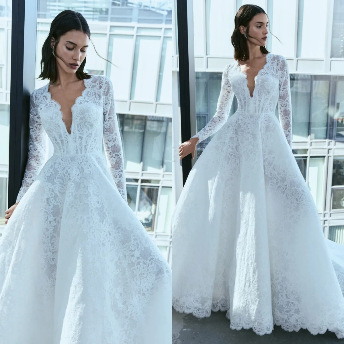 

Charming Full Lace Wedding Dresses Deep V Neck Long Sleeves Beach Bridal Gowns Sexy Long Train Custom Made Vestidos De novia