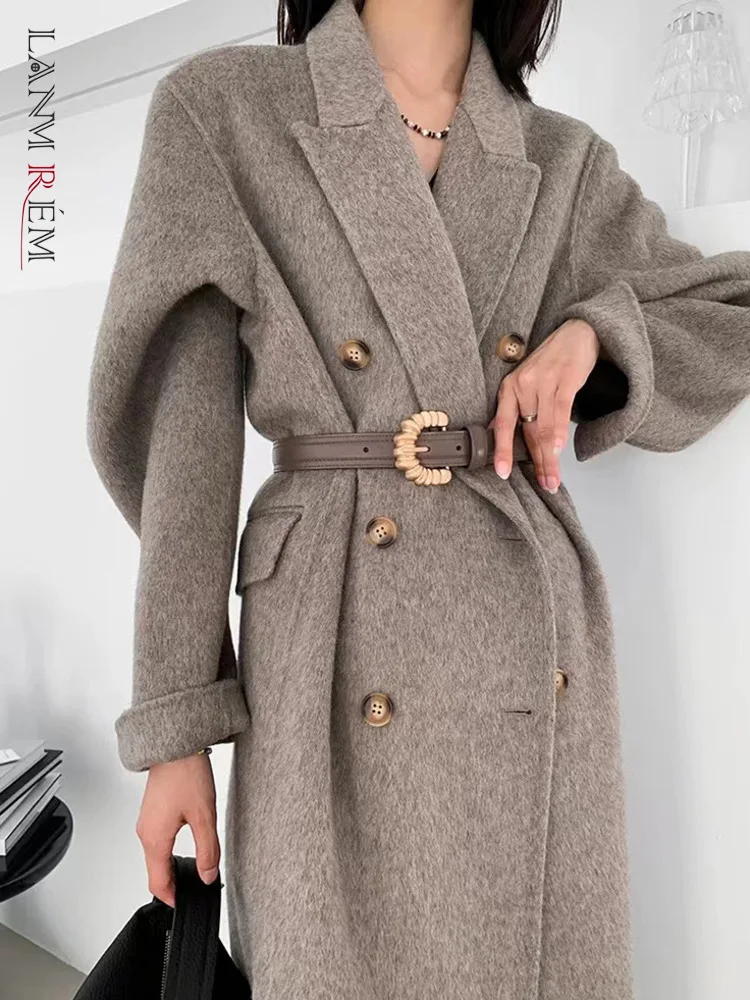 [LANMREM] office lady Double Sided Woolen Coat For Women Lapel Double Breasted Solid Color Long Coats 2024 Winter New 26C545