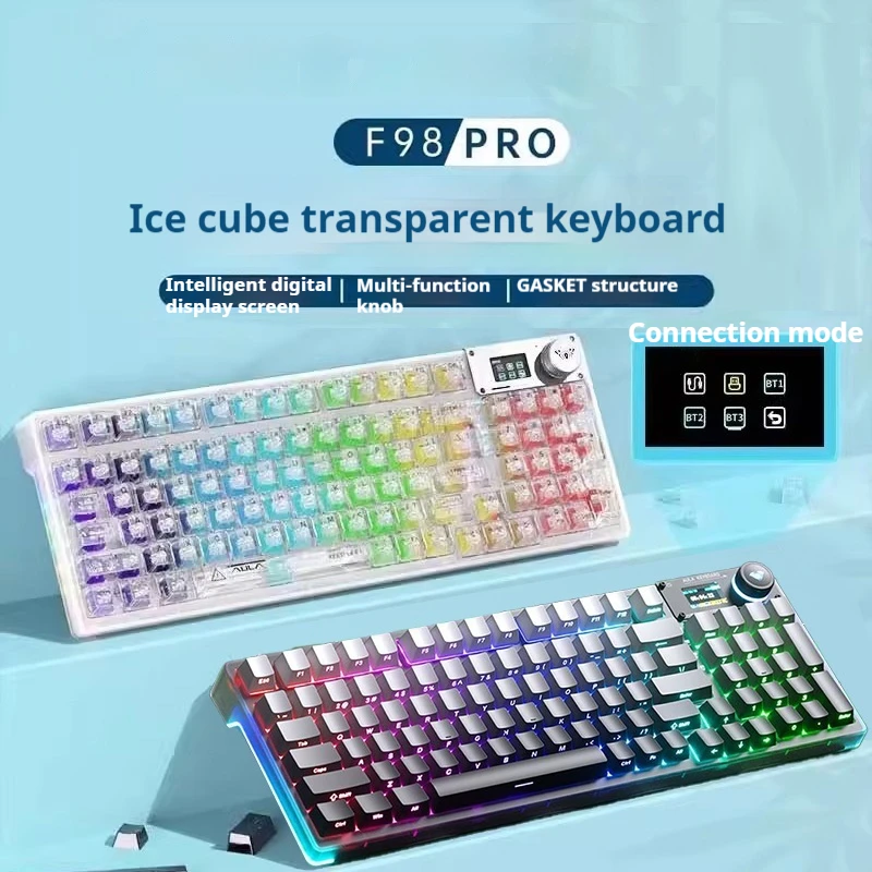 F98 Pro Wireless Transparent Mechanical Keyboard Low delay stable property Customized Screen Display Gasket Structure Present