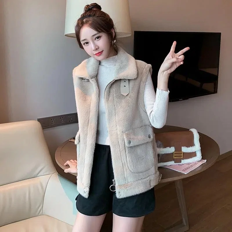 

Women Vest Jacket Autumn Winter Imitation Lamb Wool Zipper Solid Color Waistcoat Korean Fashion Turndown Collar Pocket Gilet