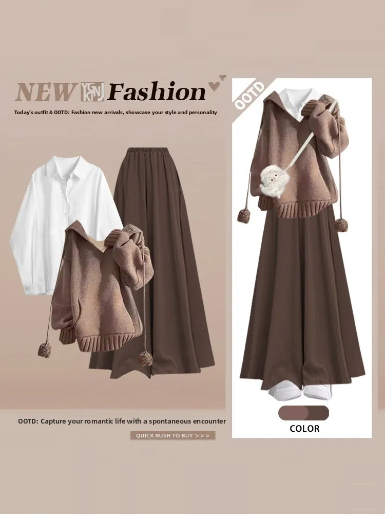 الحلو Fre كسول Sle مقنعين محبوك مجموعة الشتاء طبقات الراقية بنطال ذو قصة أرجل واسعة قطعتين مجموعة Faionable الزي غير الرسمي