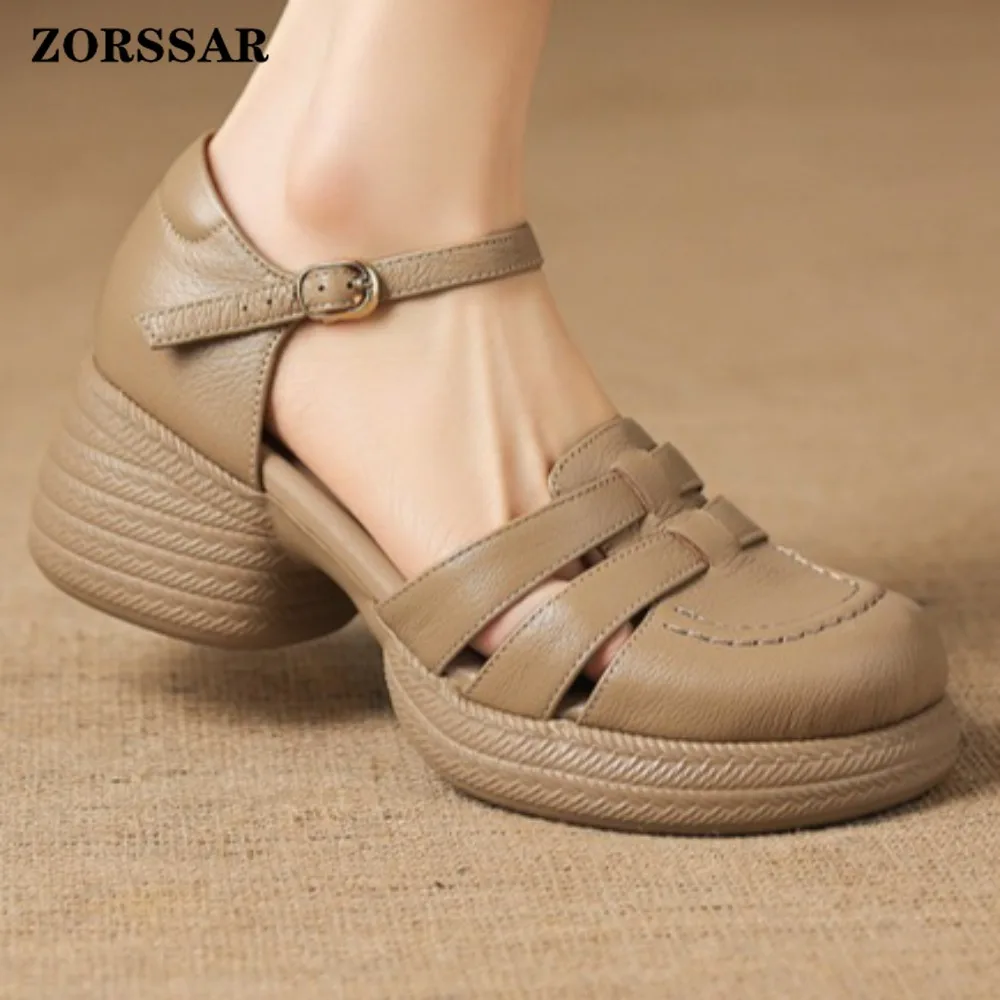 2026 New Summer Women Platform Roman Sandals Woven Closed Toe Ankle Strap Chunky Heel Breathable Hollow Out Leather Shoes