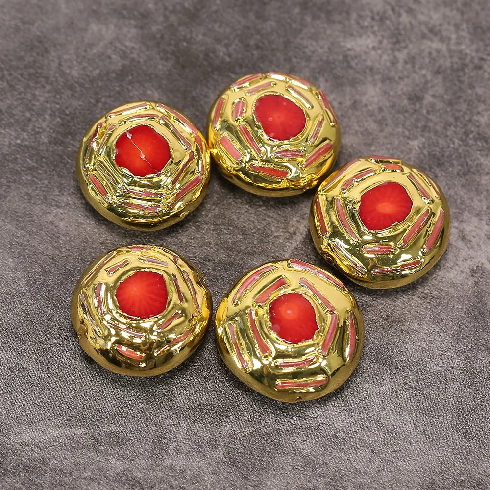 APDGG 5 Pcs Natural Red Coral Paved Gold Plated Spacer Beads