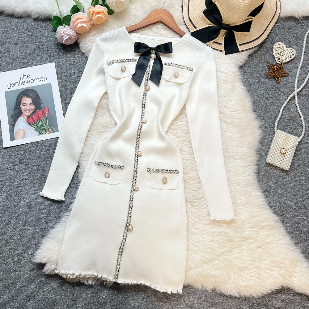 YuooMuoo شيك موضة مثير التفاف الوركين محبوك الخريف فستان المرأة الفاخرة القوس س الرقبة التخسيس فستان قصير الكورية سيدة حفلة Vestidos #3