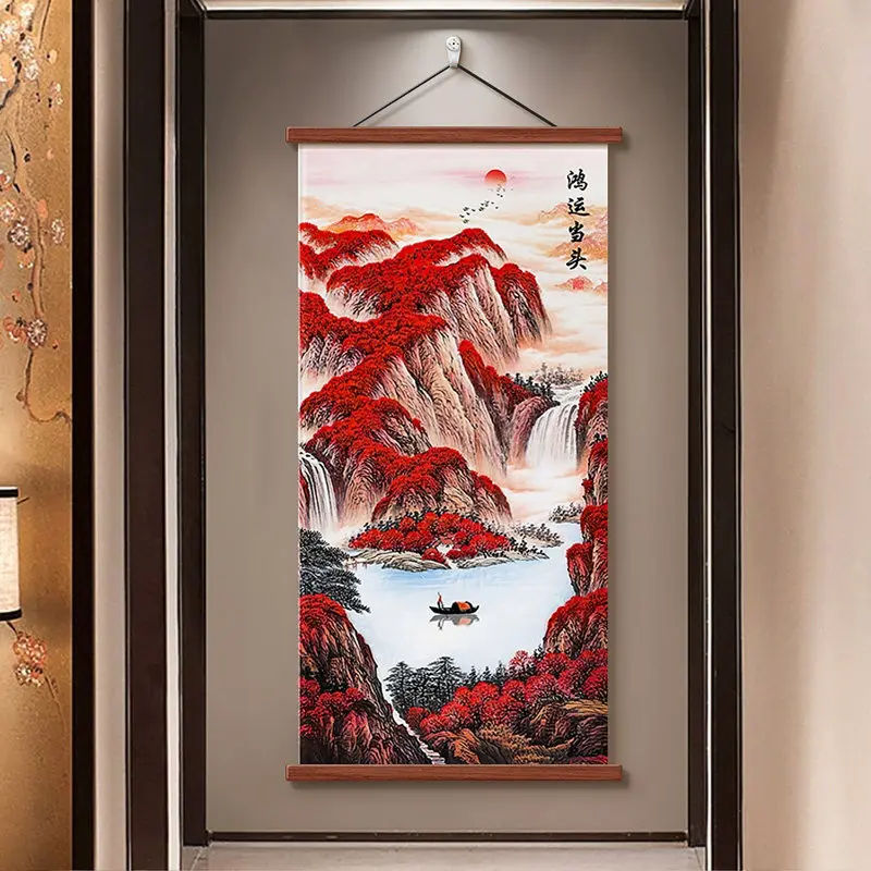 

✨Chinese Landscape Wall Art Scroll Aesthetic Room Decor Red Autumn Mountain Painting for Living Room Foyer Corridor