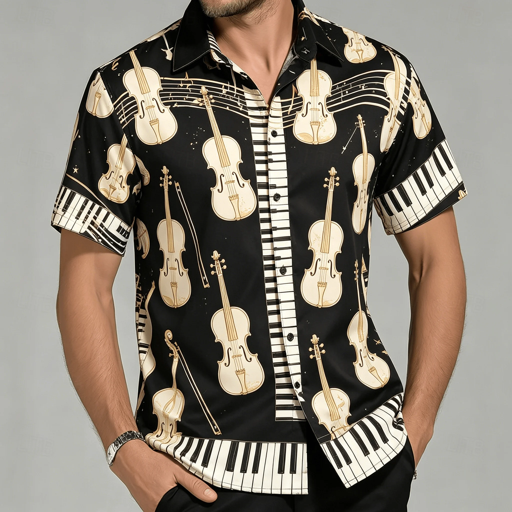 

Men's Music Instrument Print Short Sleeve Shirt, Black and Gold Violin Piano Pattern for Summer