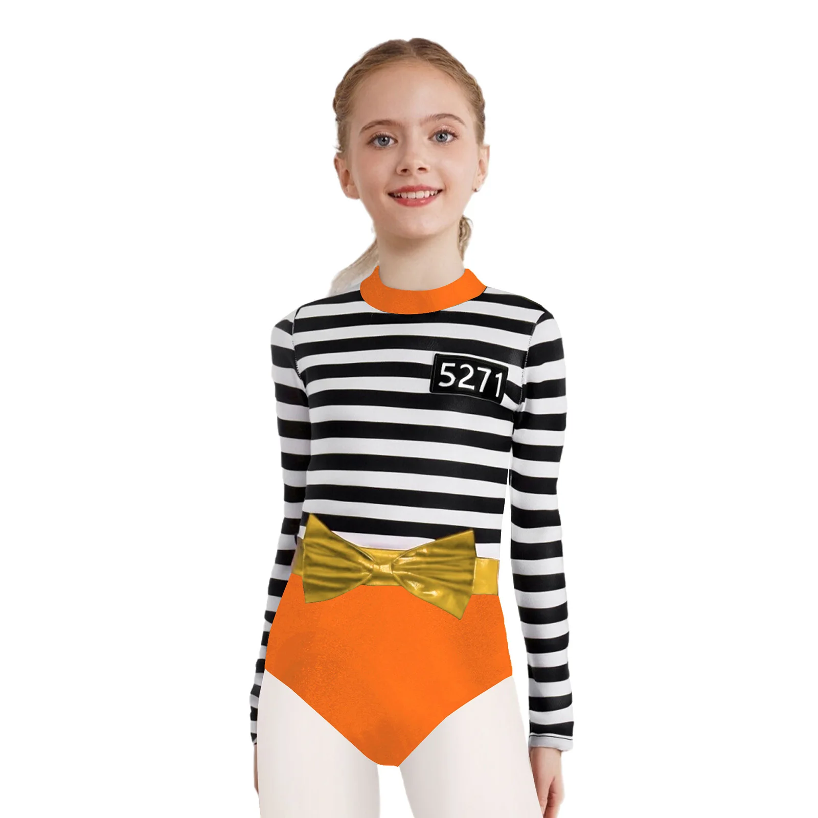 

Halloween Prisoner Convict Jail Cosplay Costume Long Sleeve Striped Patchwork Jumpsuit with Waist Bow Belt Outfits