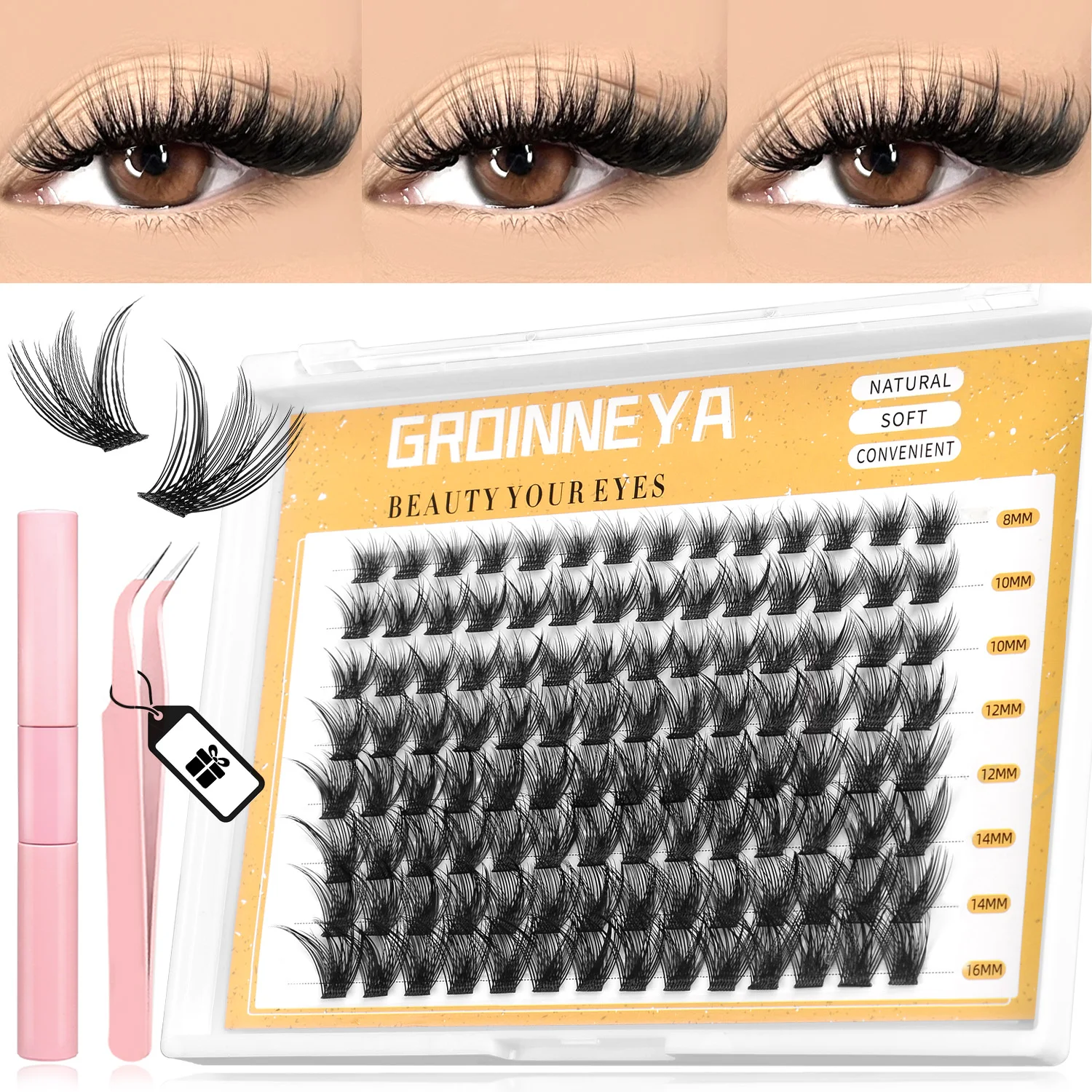 GROINNEYA DIY Lash Clusters Lash Extension Kit Individual Lashes Kit with Lash Bond & Seal Tweezers Eyelash Extension