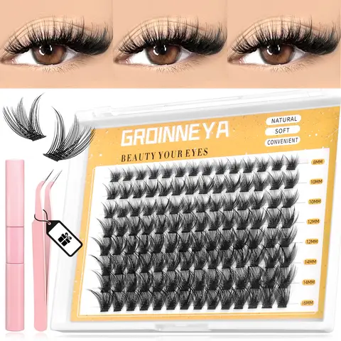 GROINNEYA DIY 속눈썹 클러스터 속눈썹 연장 키트 속눈썹 본드 및 씰 핀셋이 포함된 개별 속눈썹 키트 속눈썹 연장