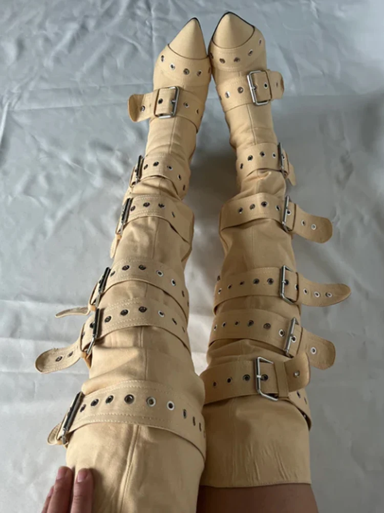 

Apricot Pointed Rivets Buckles Sexy Stiletto Thigh Boots Woman Winter 2025 Silver Side Zipper High Heel Over The Knee Boots