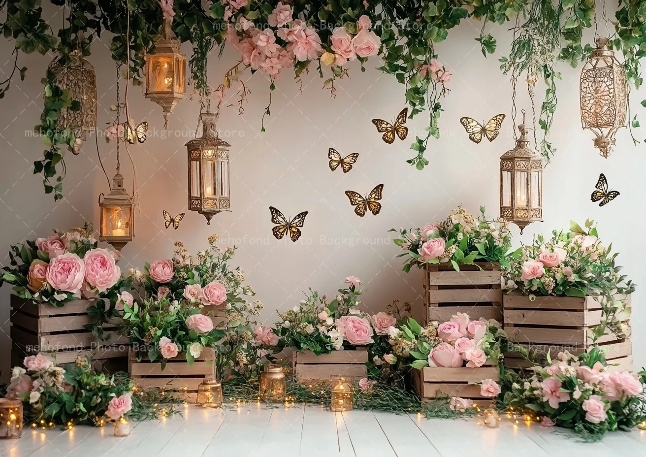 Latar Belakang Fotografi Mehofond Musim Semi Lampu Kupu-kupu Indah Bunga Kotak Kayu Kecil Tanaman Rambat Dekorasi Latar Belakang Potret Keluarga Anak-anak