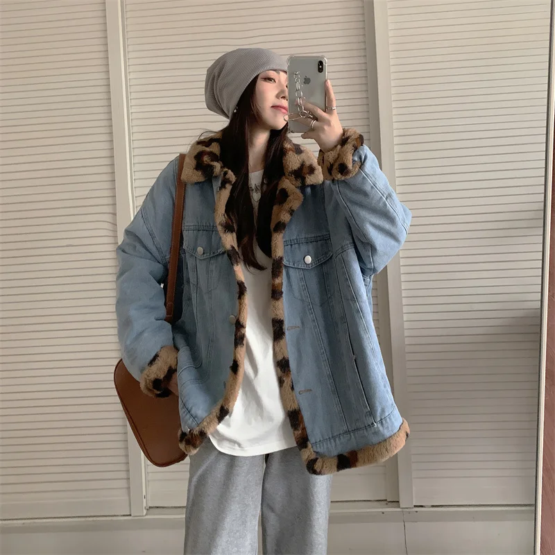 

Retro Two Sided Denim Coat Women's Winter New Thickened Sweet Cool Temperament Leopard Print Coat Large Hong Kong Style