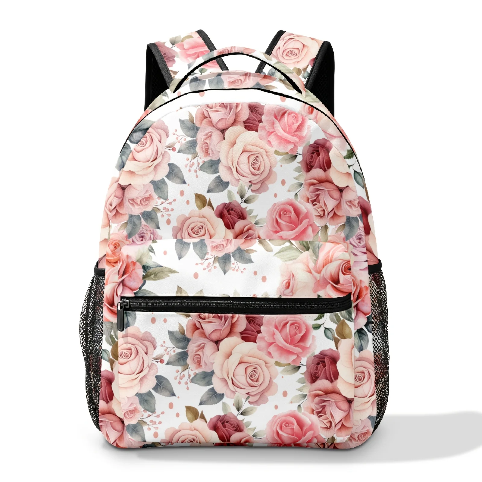 Pink Watercolor Rose Full Print Backpack Soft Floral Pattern Outlining Romantic Texture Suitable for Daily Diverse Travel Scenes