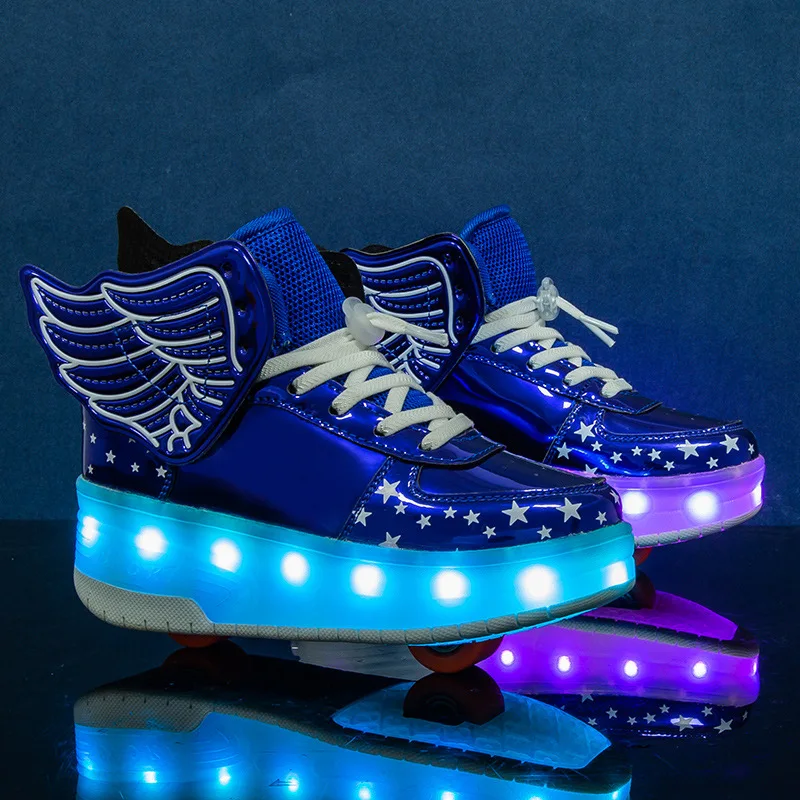 2025 new double-wing glossy double-wheel power walking shoes, rechargeable children's light-emitting shoes, roller skates