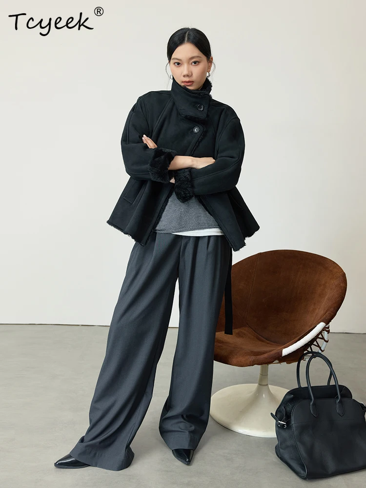 Tcyeek 本物のウール 秋冬 ハイエンド トレンド 韓国風 スタンドカラー ブラック レディース ウール シアリング ファーコート ファー婦人服