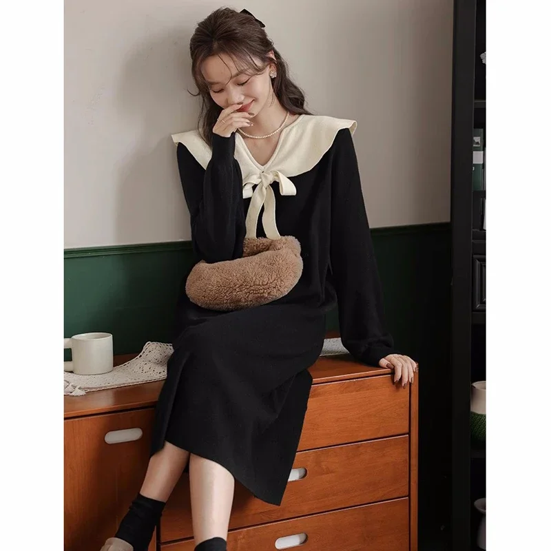 2024 Korean Style Pregnant Women Black Dress Autumn Winter Long Sleeve Bowknot Collar Maternity Knitting Dress Pregnancy Sweater