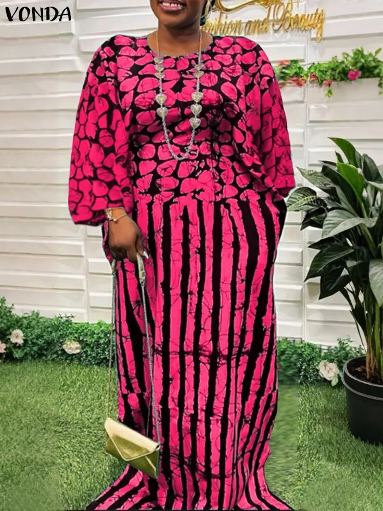 

Plus Size 5XL Women Dress Vintage Printed Sundress 2025 VONDA Bohemian 3/4 Sleeve Robe Casual O Neck Long Party Vestidos