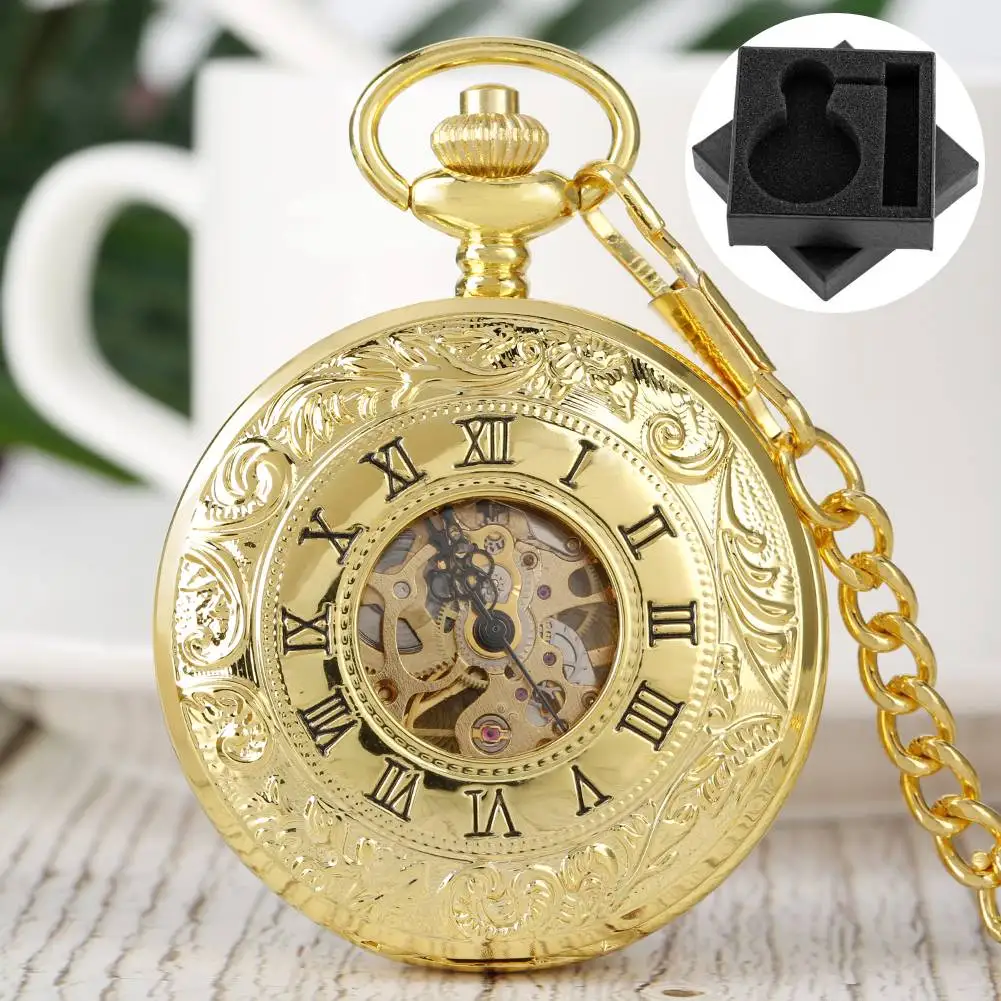 Classic Roman Numerals Hollow Mechanical Hand Winding Pocket Watch Golden Fob Chain Pendant Clock Vintage Wedding Gift for Men