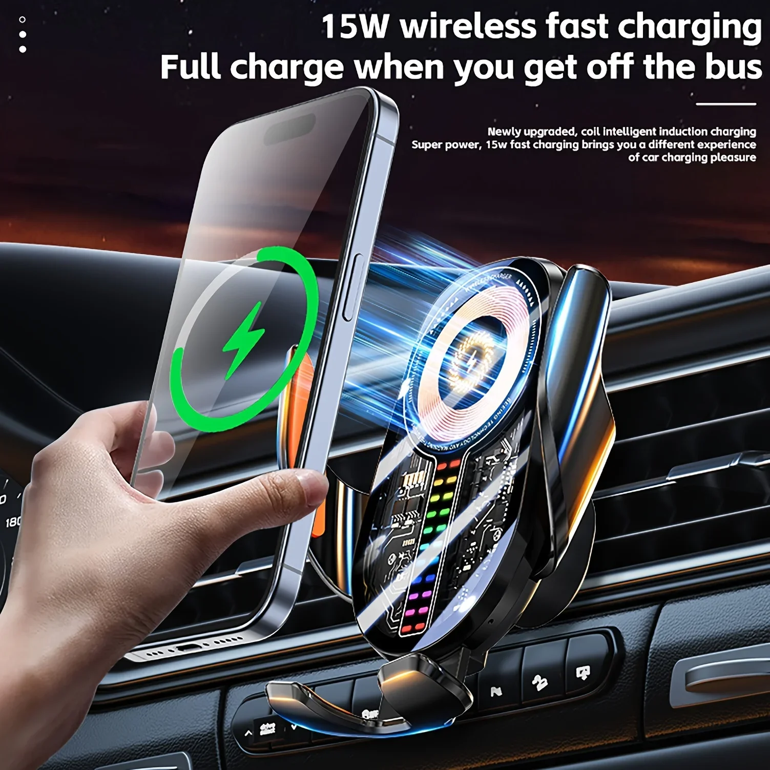 

Car Wireless Charger Auto-Clamping RGB Light Phone Holder Stand Touching 360 Rotation Fast Charging Bracket For iPhone Samsung