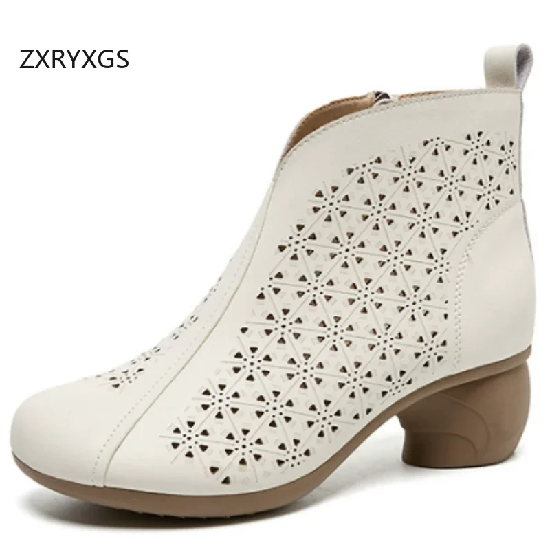 ZXRYXGS Promotion Genuine Leather Hole Hole Boots New 2026 Breathable Comfortable Spring Summer Boots Women Mid Heel Ankle Boots