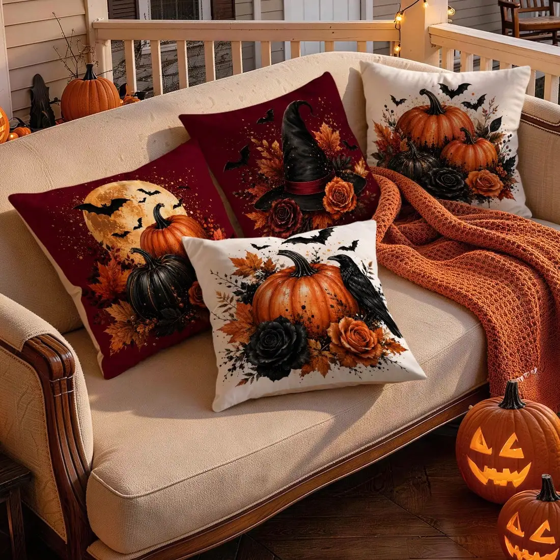 1pc Halloween Pillow Covers Polyester 2D Double Sided Print Pumpkin Bat Crow Witch Hat Cushion Cases for Home Sofa Fall Holiday