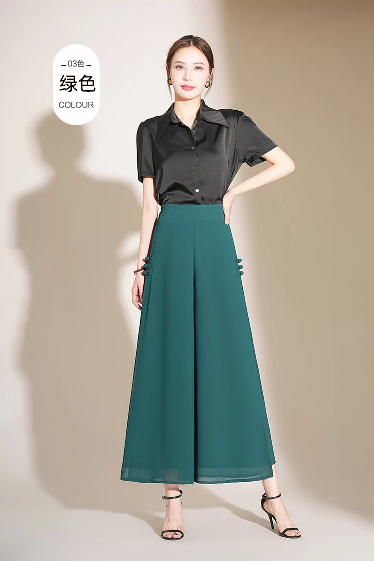 Women Side Slit Chiffon Pants Summer Thin Elastic Waist Wide Leg Pants Chic Droop Trousers Chinese Style Nine Point Pants