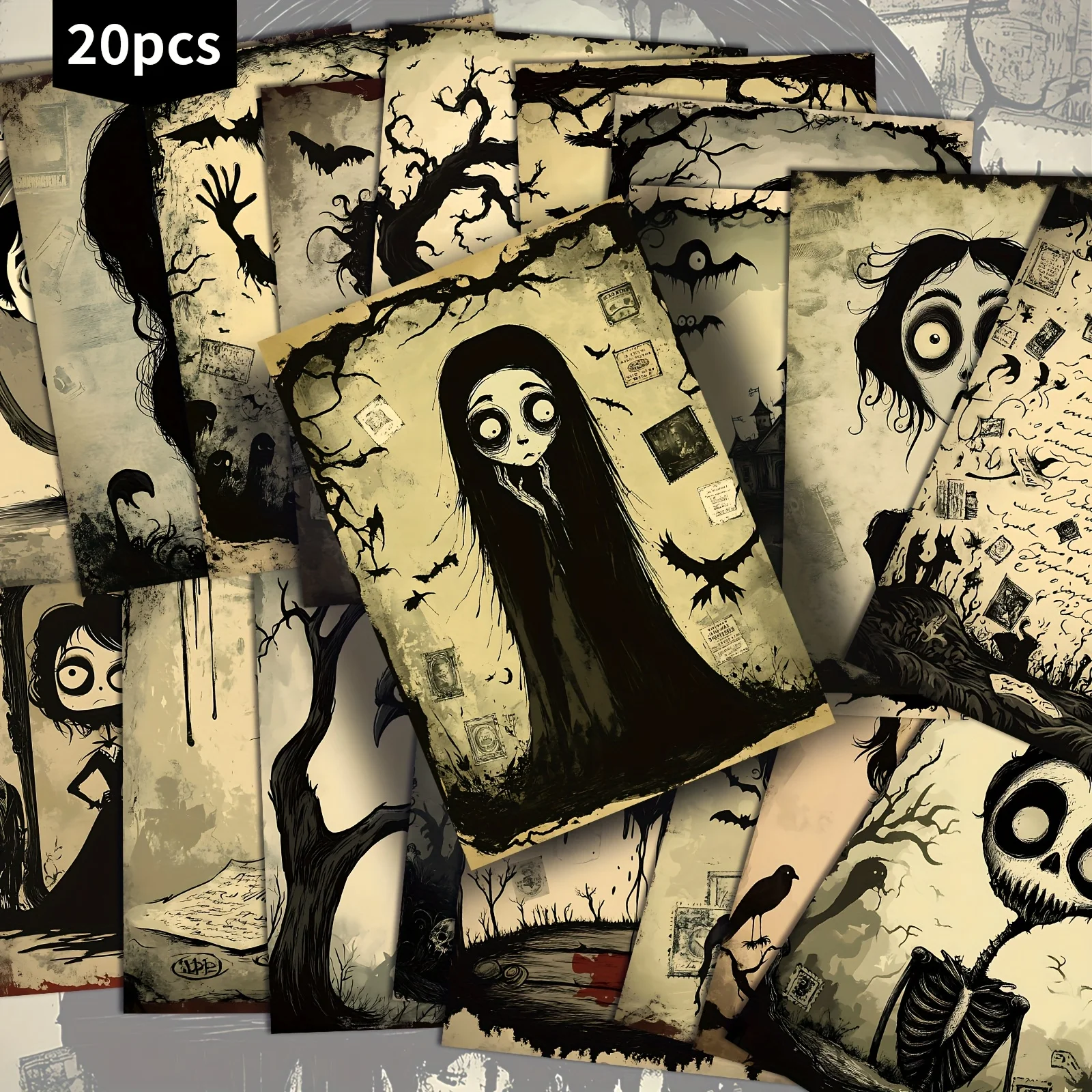 20PCS Retro Gothic Halloween Postcard Set, Retro Girl Illustration Cards, Classic Bookkeeping Materials, Handicrafts