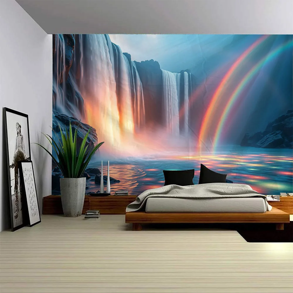 Natural Landscape Rainbow Waterfall Wall Tapestry Hanging Cloth for Bedroom Living Room Decor Beautiful Background Poster