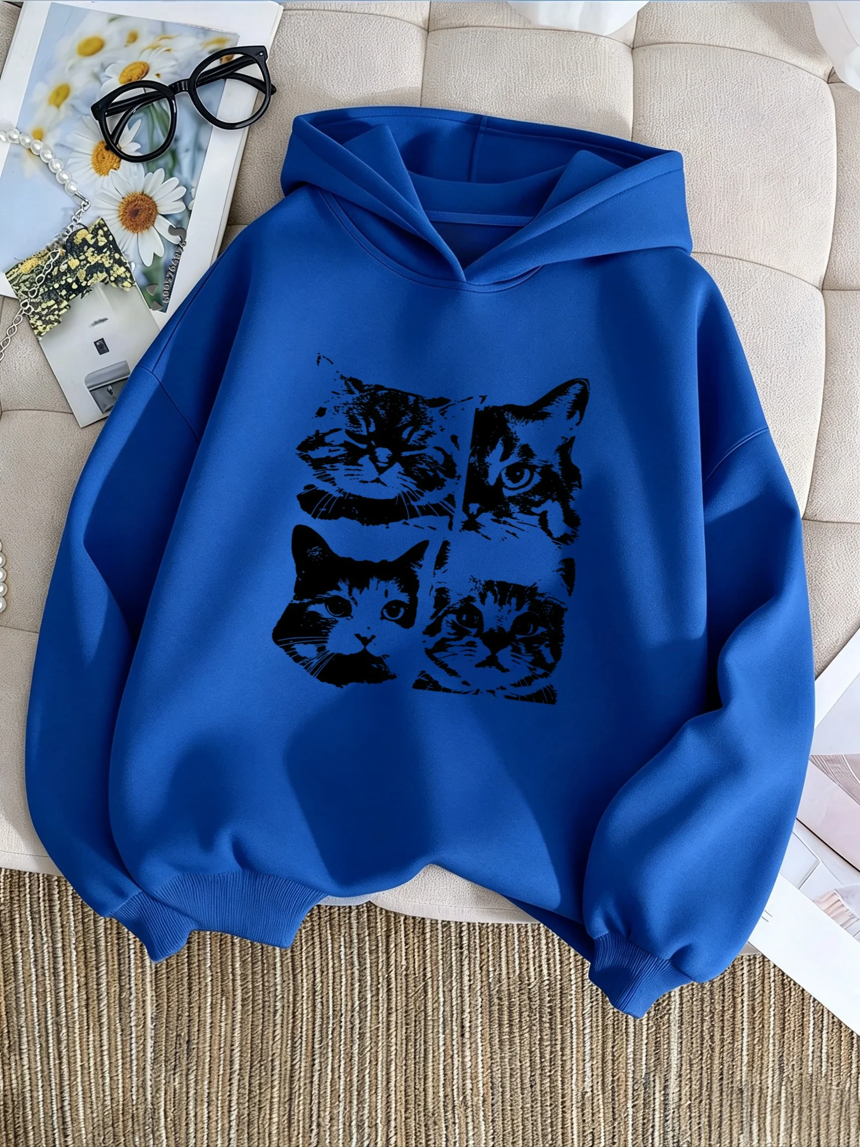 Vintage Black And White Four Cat Portraits Print Kids Hoodie Loose Oversized Pullover Boys Girls Streetwear Sweatshirt