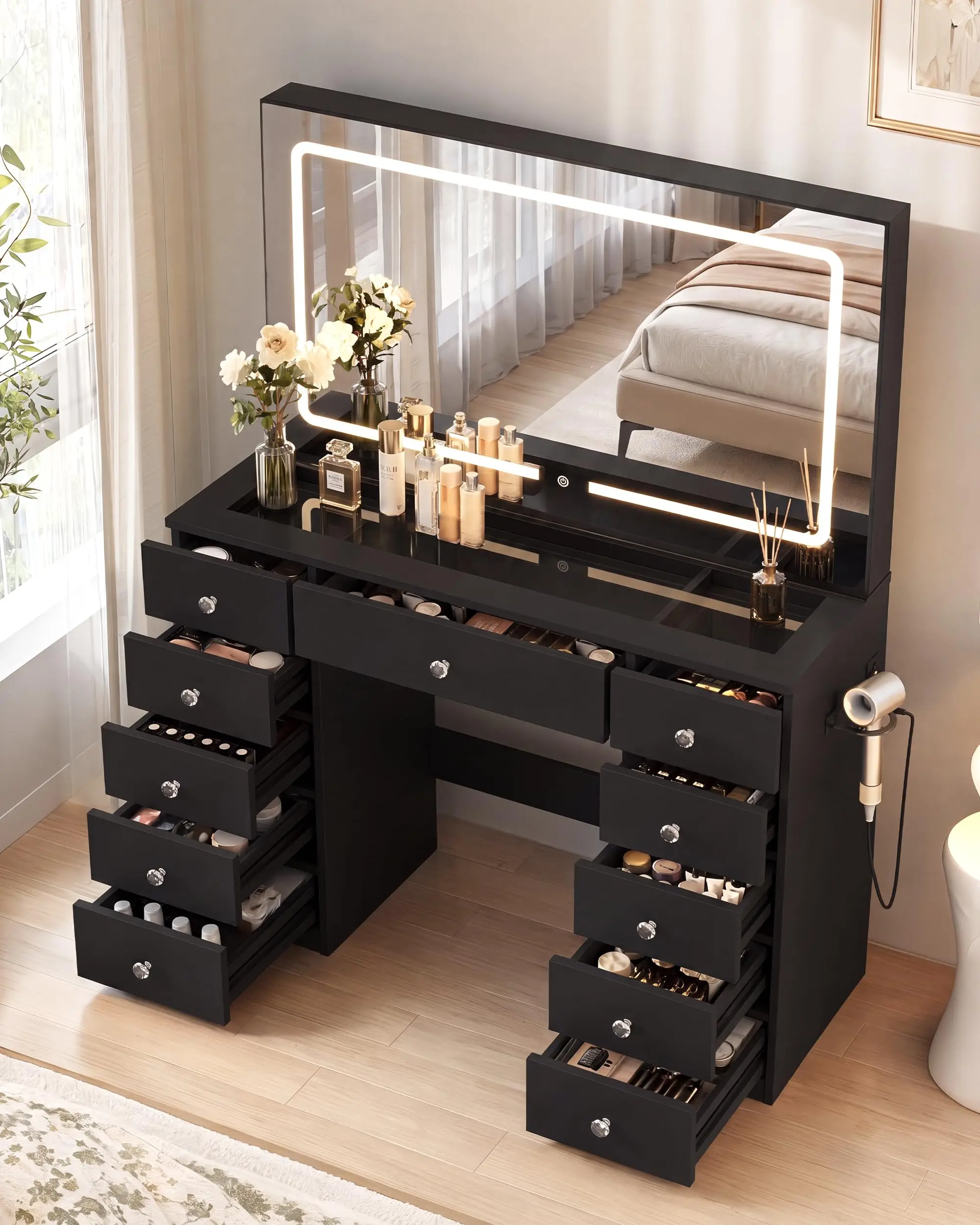 Black Makeup Vanity with Mirror and Lights,11 Drawers & Glass Top