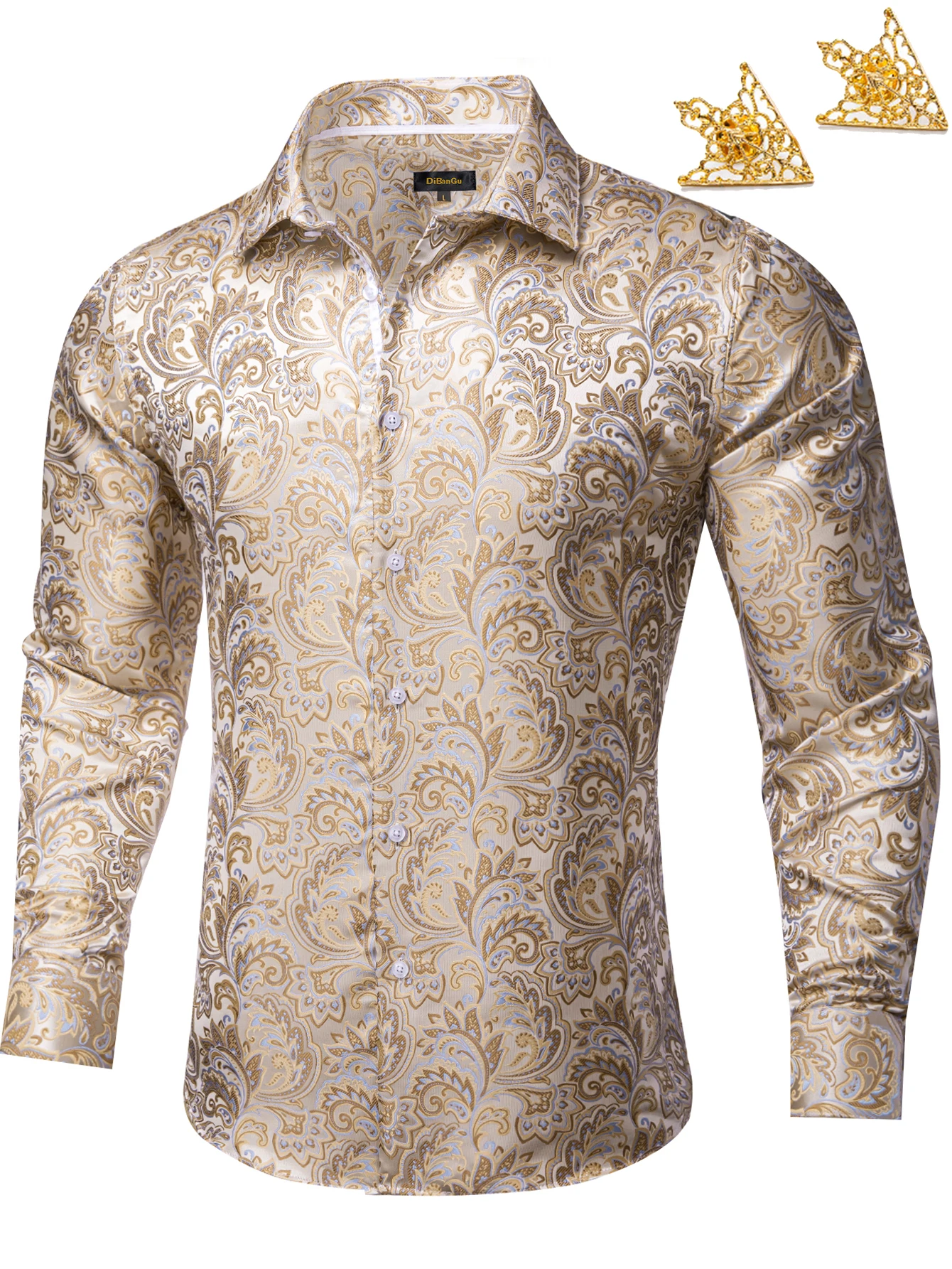 Multi Color Shirt for Men, Paisley Floral Print Long Sleeve Slim Fit Button Down Dress Shirt with Collar Pin