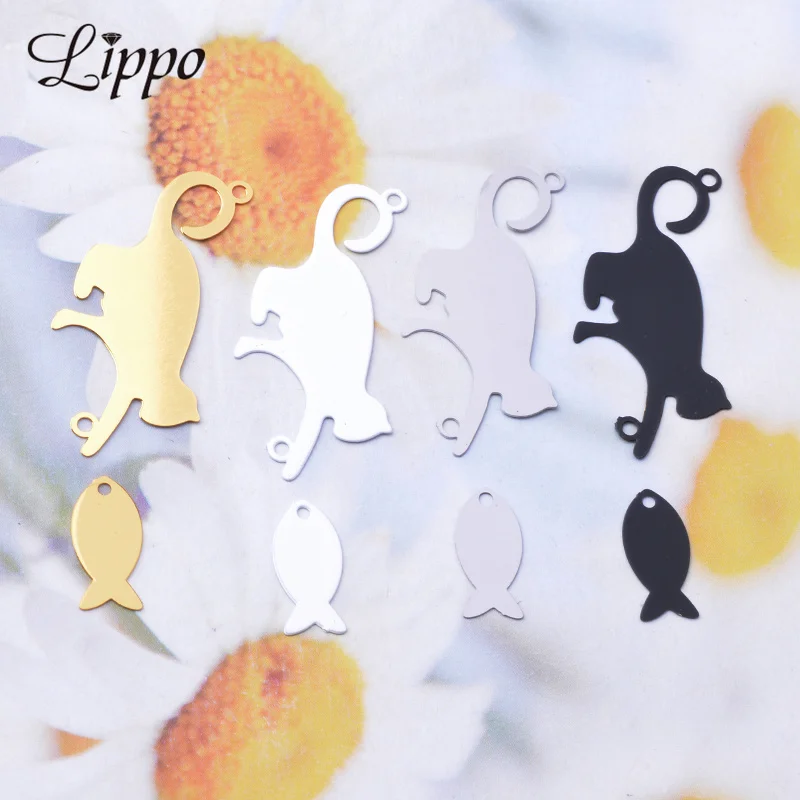 10 세트 황동 스테인레스 스틸 고양이 잡기 물고기 매력 커넥터 귀여운 동물 골드 컬러 고양이 펜던트 DIY 쥬얼리 도매 용품