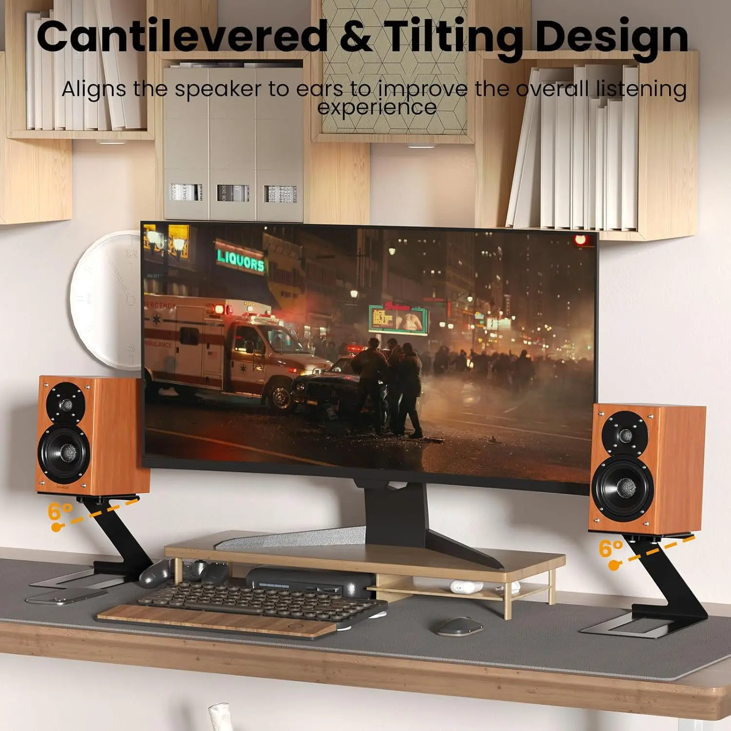 Desk Speaker Stands Carbon Steel for Most Small & Medium Speakers 6 Tilt Angle Speaker Risers with Vibration Absorption Pad